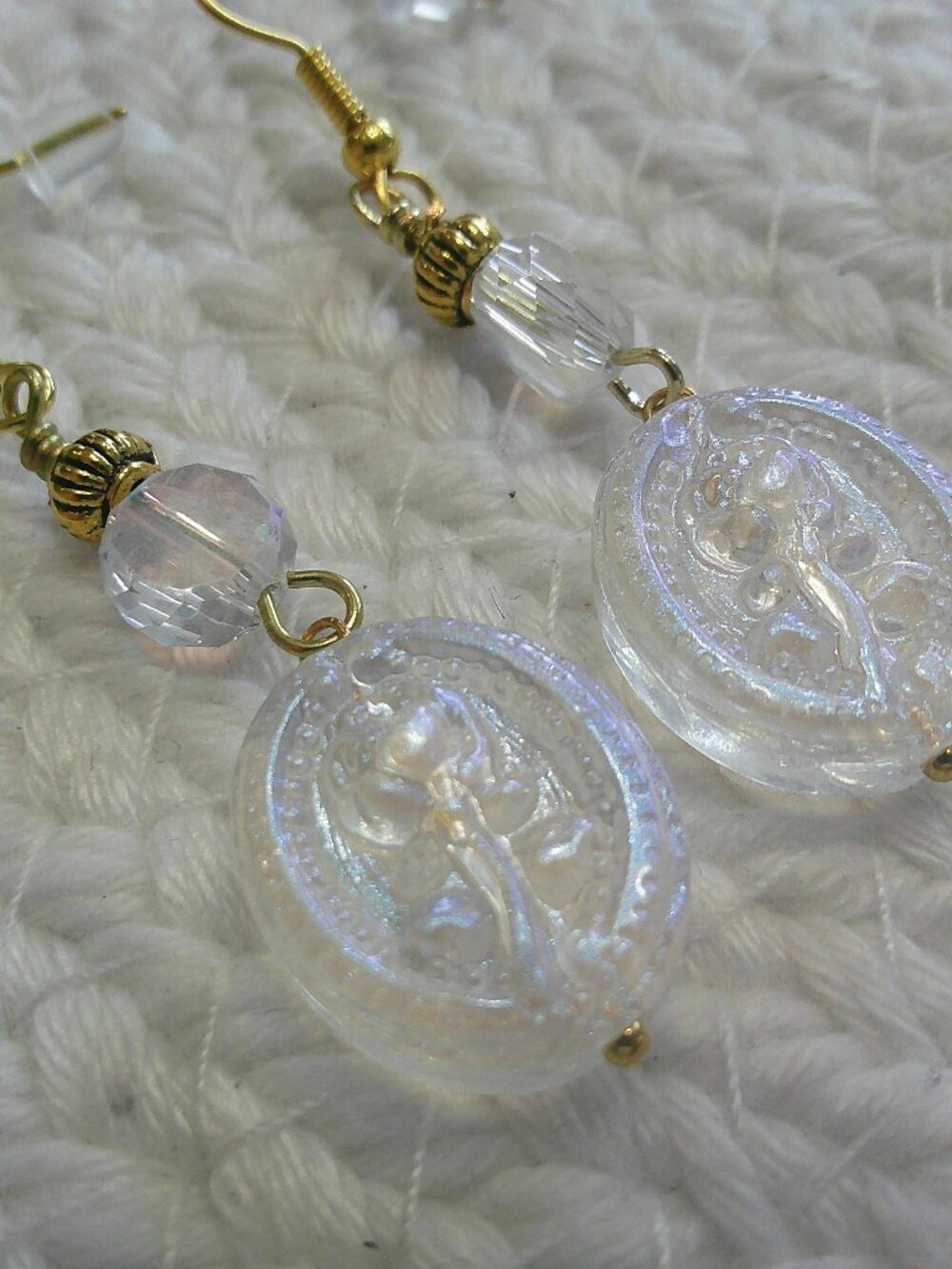 Beautiful ROSE GLASS OVAL with GOLD FILIGREE & CRYSTAL Handmade Earrings #418F